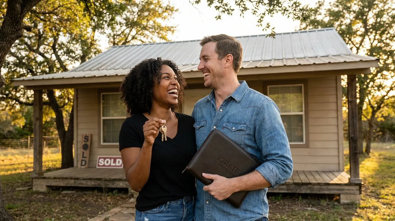 Couple reviewing mortgage documents for a VA loan.