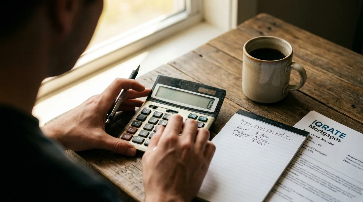 A person using a calculator to determine the break-even point for a mortgage rate buydown.