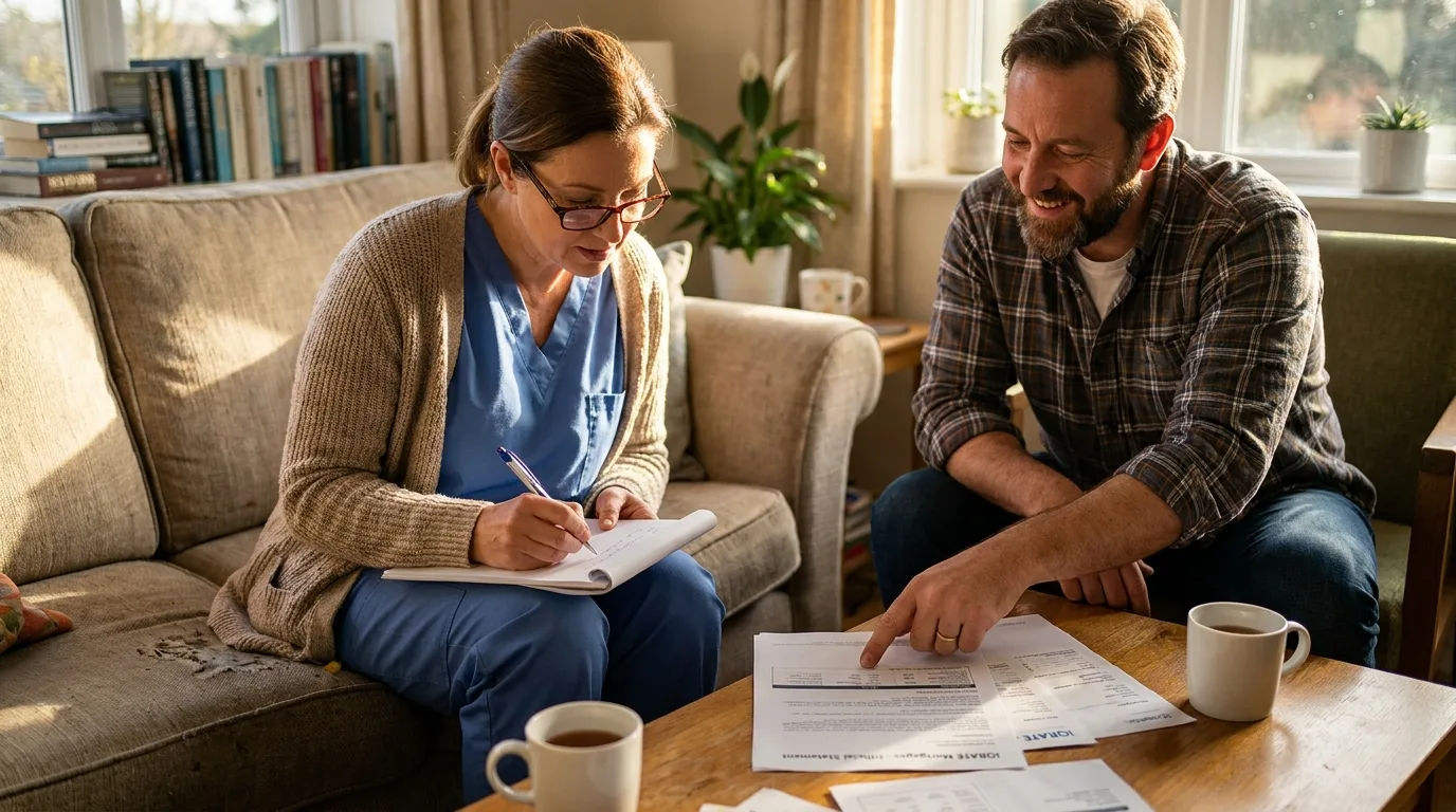 Nurse reviewing financial documents for a mortgage application.