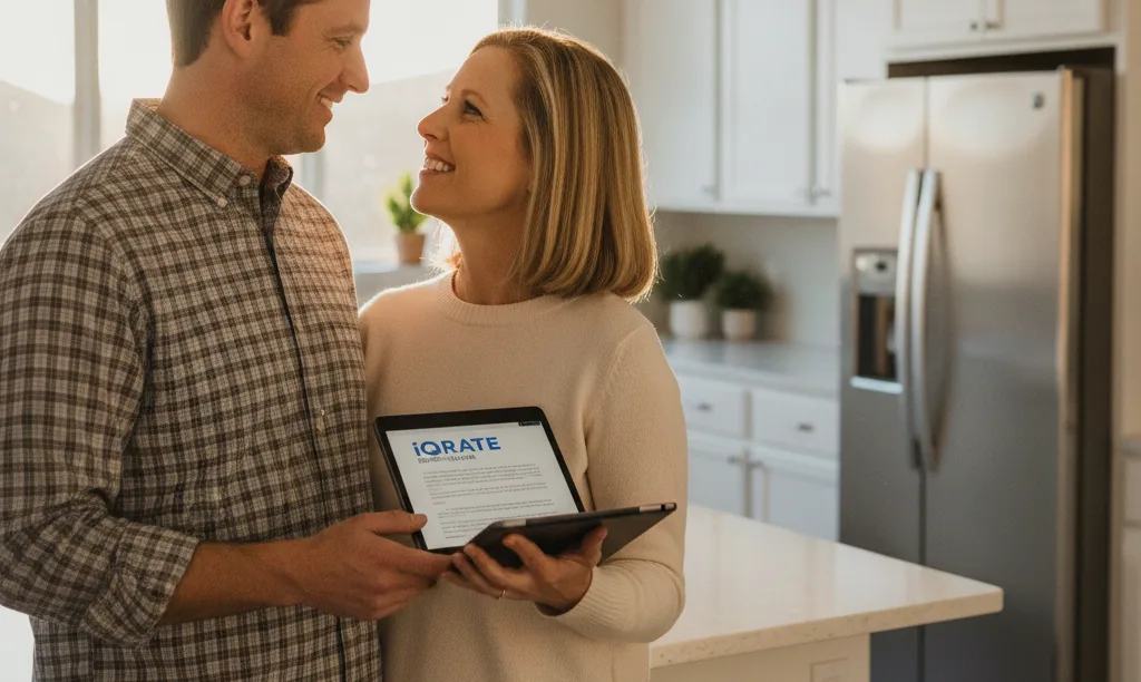 Happy couple reviewing iQRATE Mortgages document in kitchen.