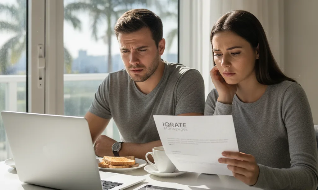 Frustrated couple reviewing loan documents in Miami.