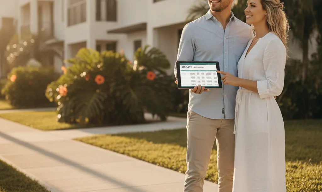 Couple viewing Miami multi-family property with tablet.