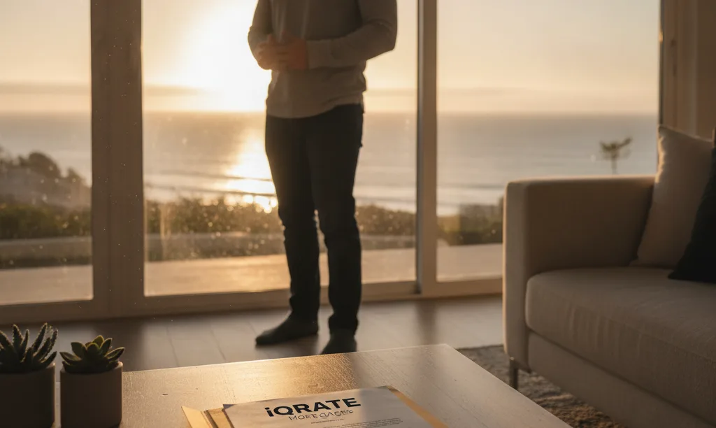Military member in San Diego home with iQRATE Mortgages document.