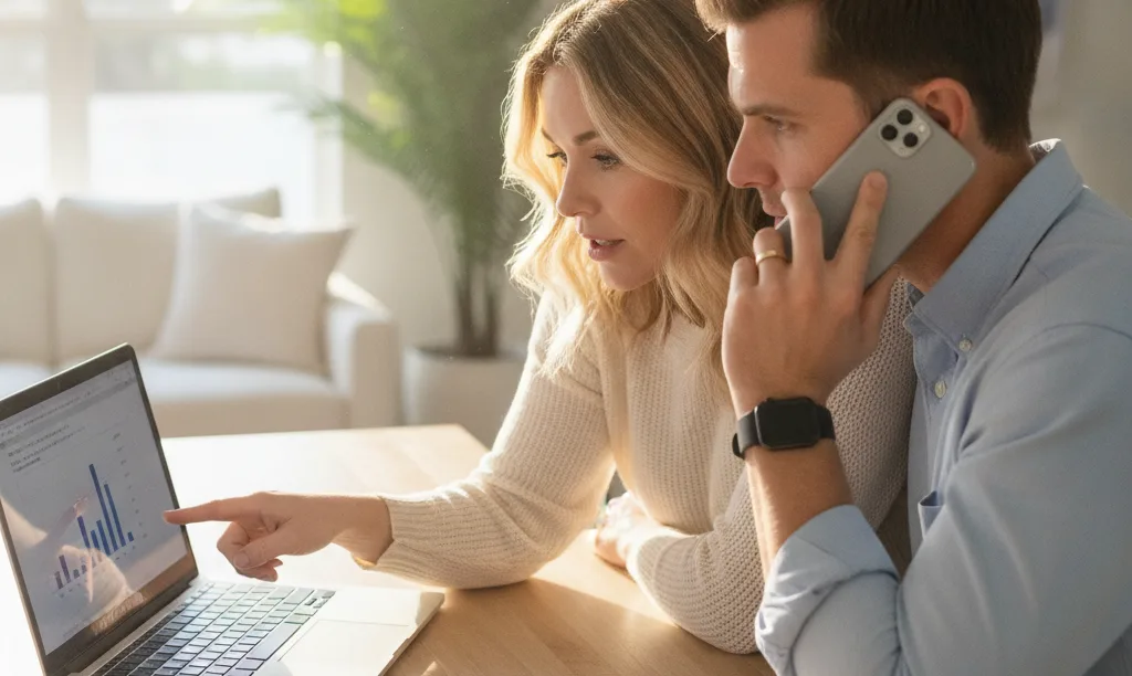 Couple discusses mortgage loan with iQRATE Mortgages.