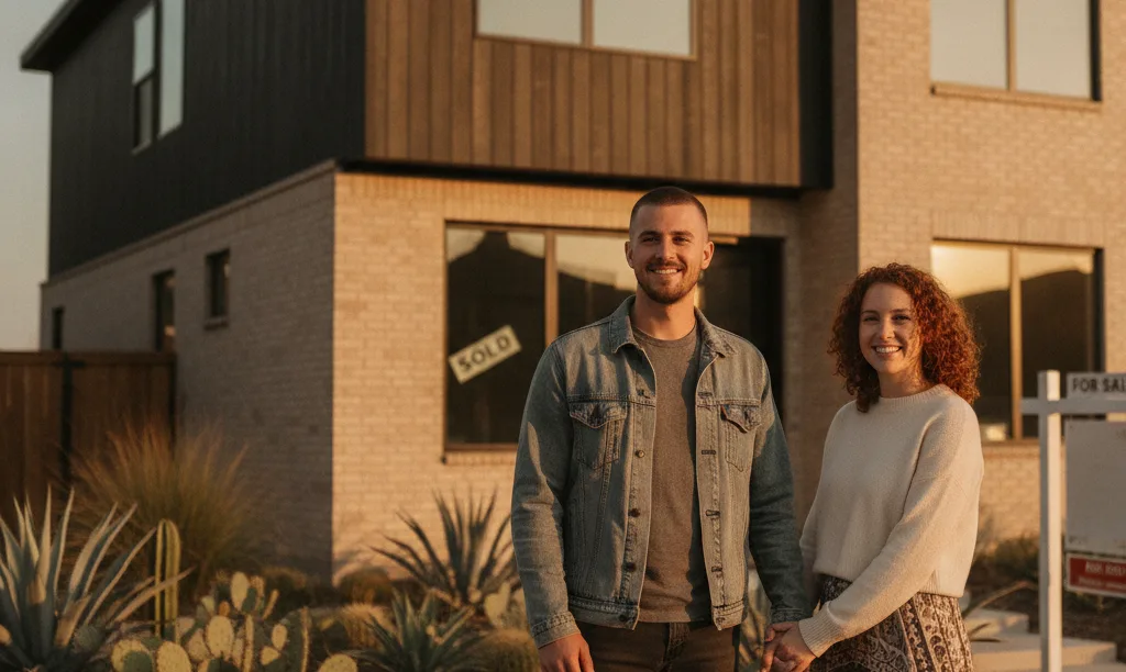 A veteran couple proudly views their new duplex.