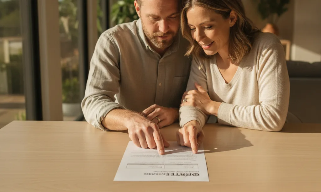 Couple analyzing iQRATE Mortgages loan options at home.