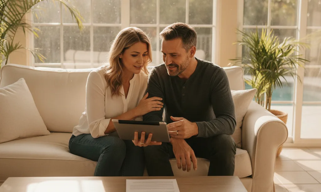 Concerned couple reviewing mortgage options in Florida home.
