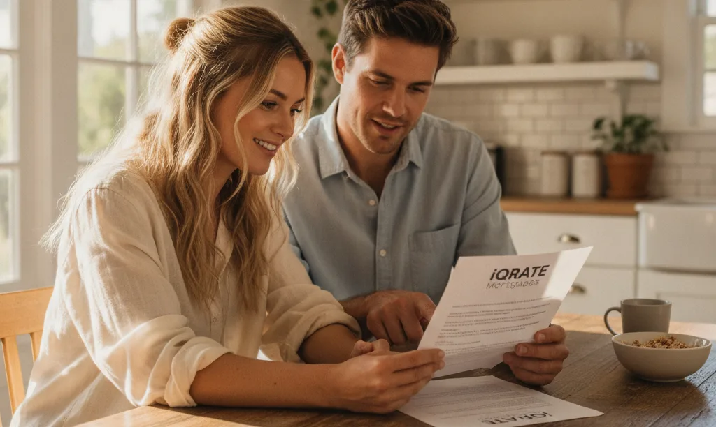 Couple reviewing iQRATE Mortgages documents in sunny California kitchen.