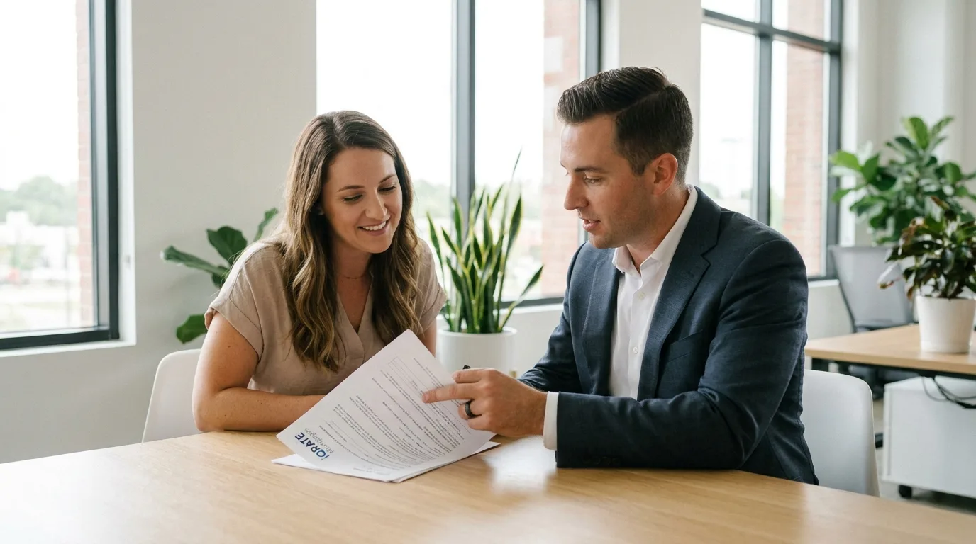 Couple reviewing mortgage documents on a laptop.