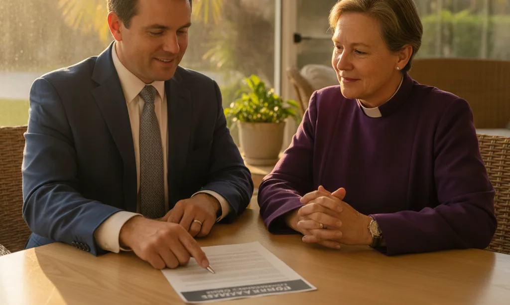 Clergy member receiving mortgage guidance in Florida.