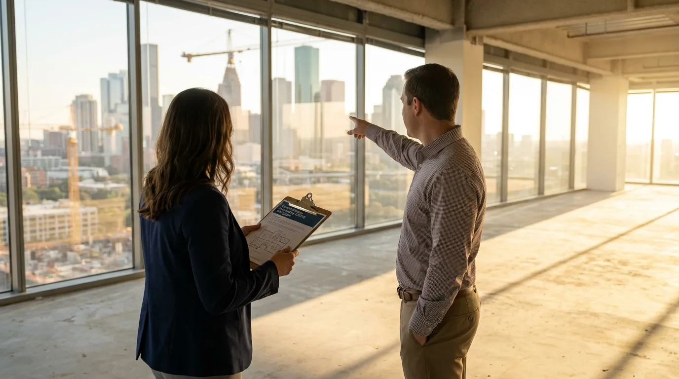 A real estate agent looking stressed while reviewing financial documents, illustrating the problem of unpredictable commission.