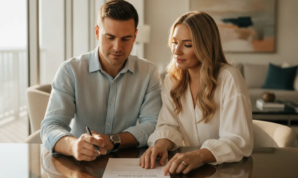 Couple confidently reviewing an iQRATE Mortgages document.