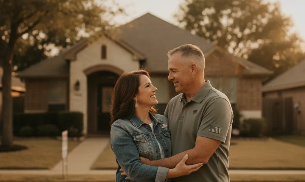 Veteran couple proudly standing outside new Texas home.