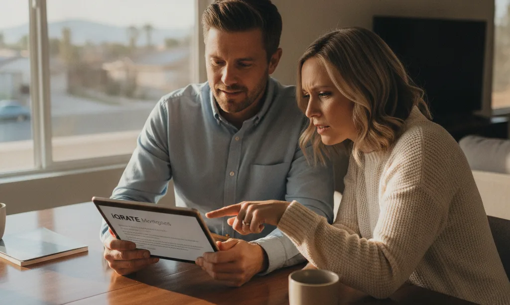 Couple thoughtfully reviewing mortgage documents in Las Vegas.