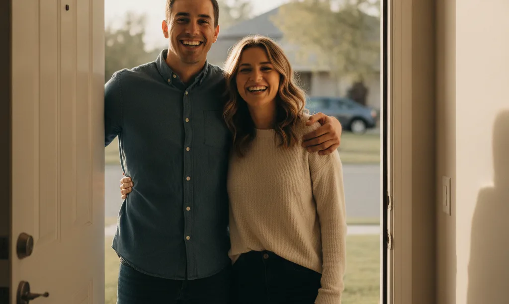 Happy couple standing in their new home’s doorway.