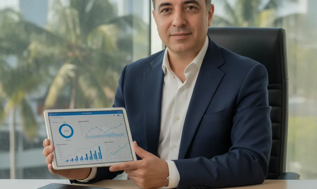 Confident mortgage broker reviewing analytics in Florida office.