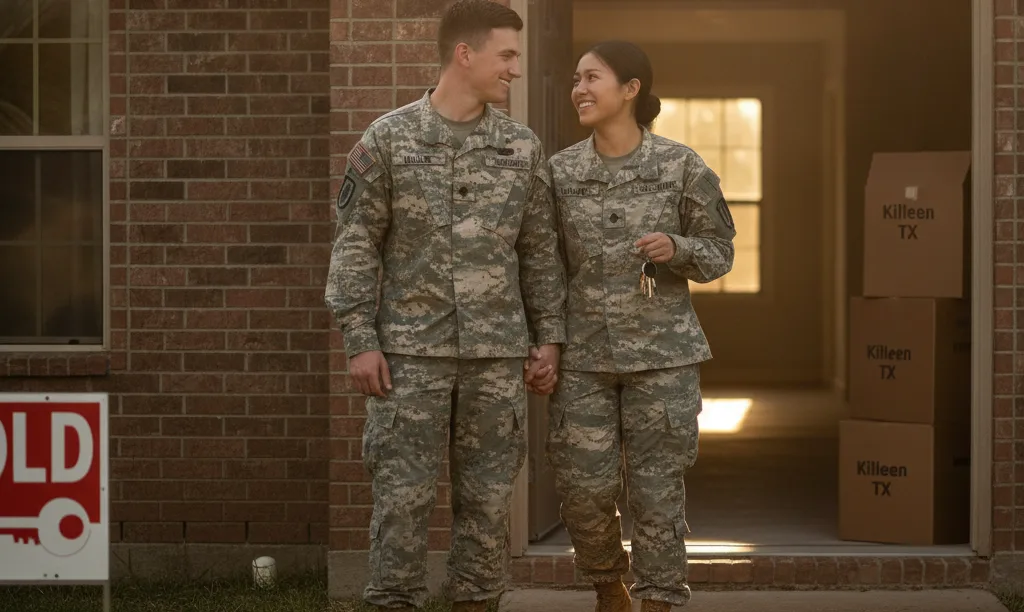 Military couple smiling in their new Texas home.