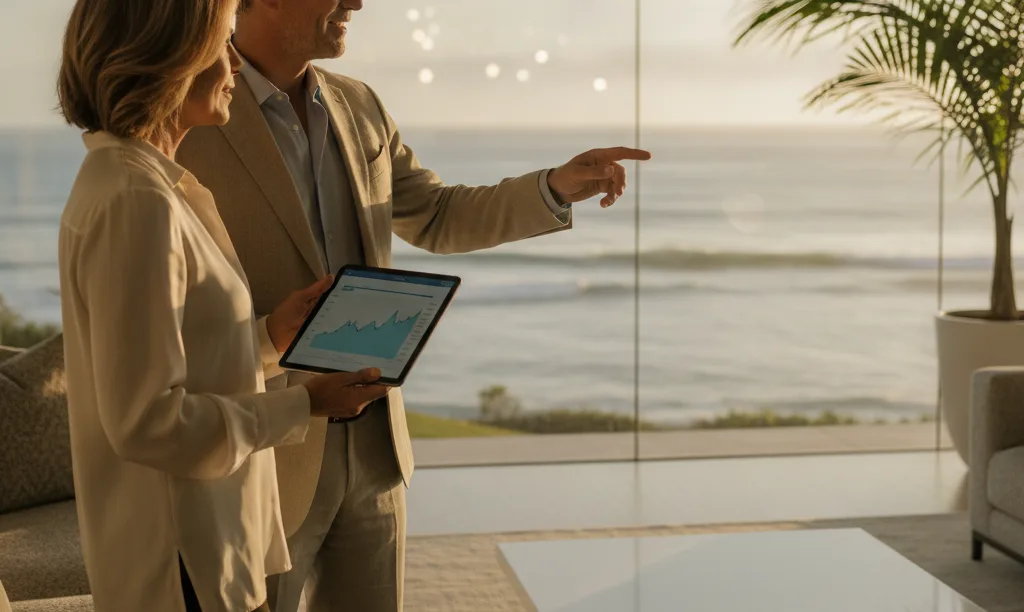 Couple in luxury Malibu home with iQRATE documents.