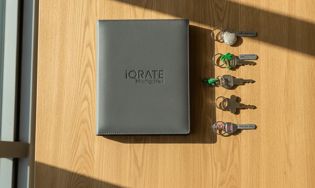 Multiple house keys next to one iQRATE Mortgages folder.