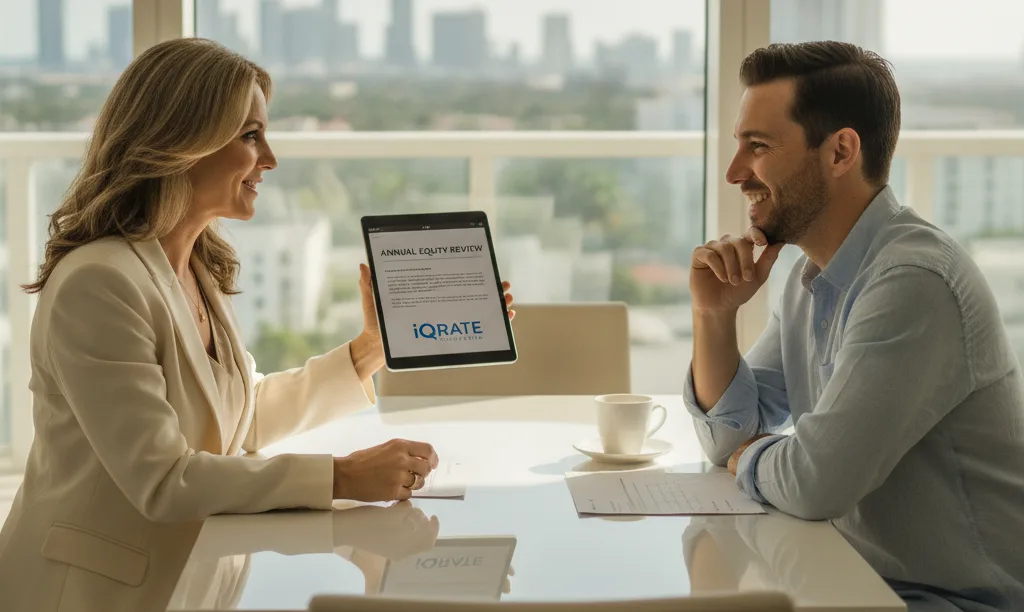 Real estate agent discusses equity with client.