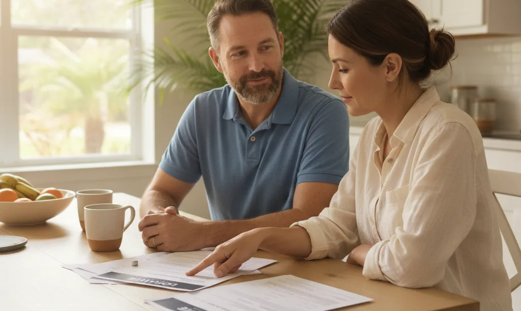 Veteran couple feeling relieved reviewing VA loan costs.