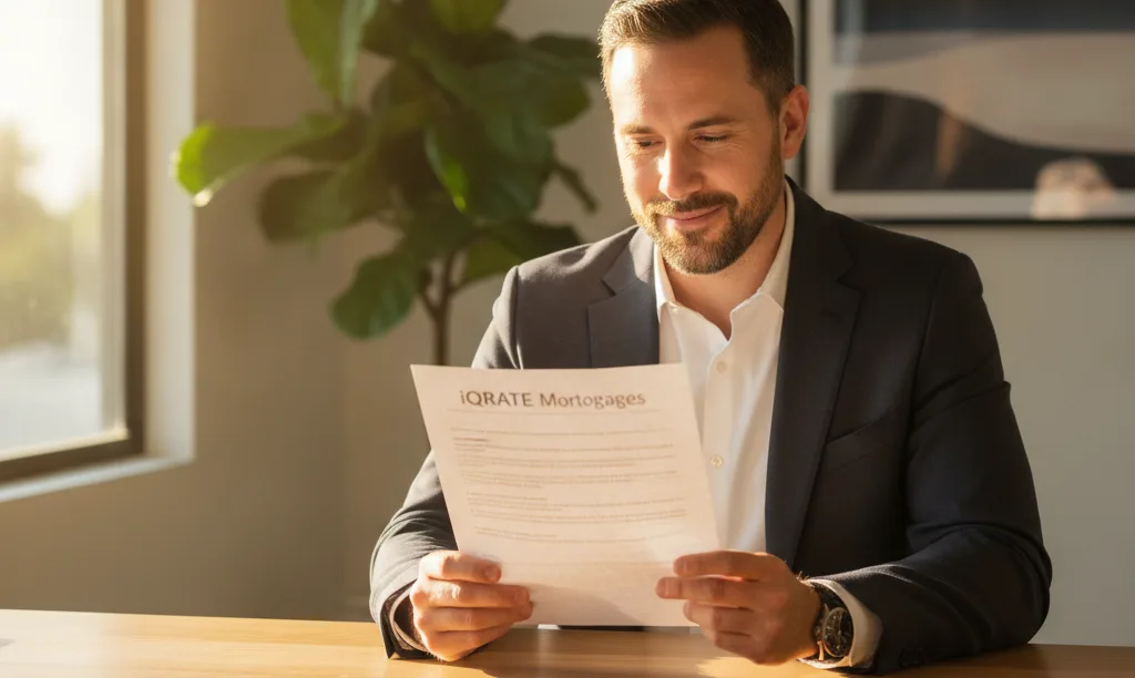 S-Corp owner confidently reviews iQRATE Mortgages document.