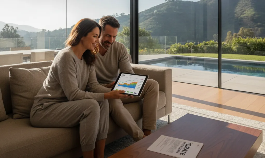 Couple in a luxury home reviewing investments.