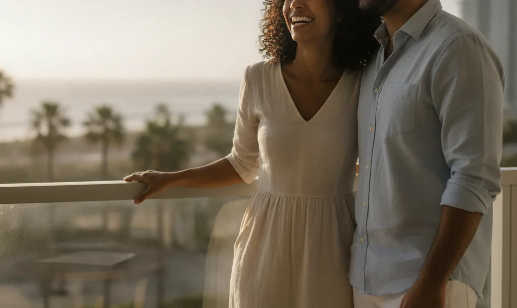 A happy couple on their new Miami balcony.