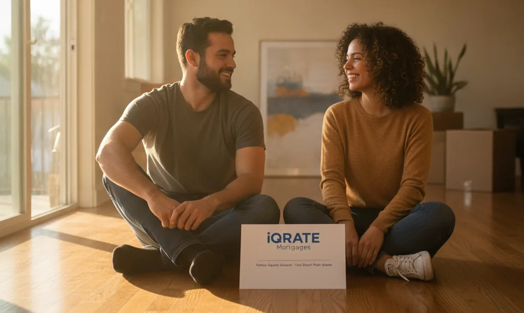 Couple smiling in new Sacramento home with mortgage papers.