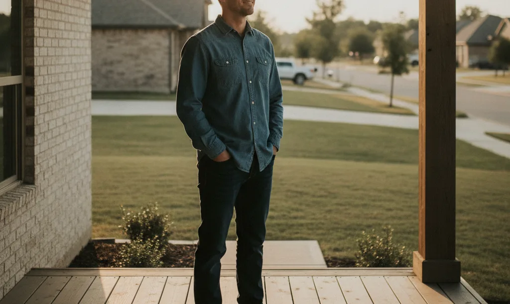 Veteran on Texas home porch at sunset.