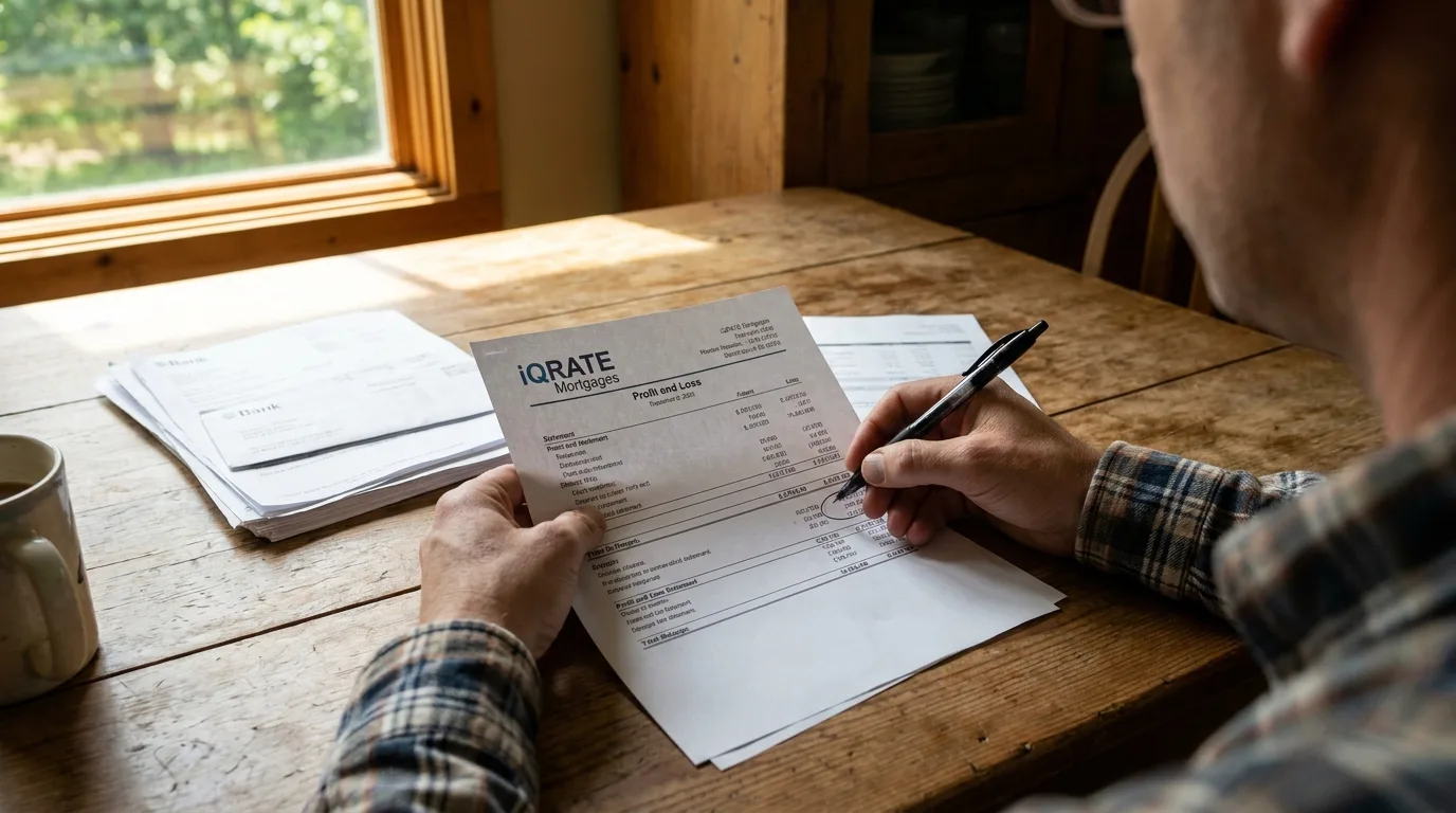 Self-employed individual organizing financial paperwork for a mortgage application.