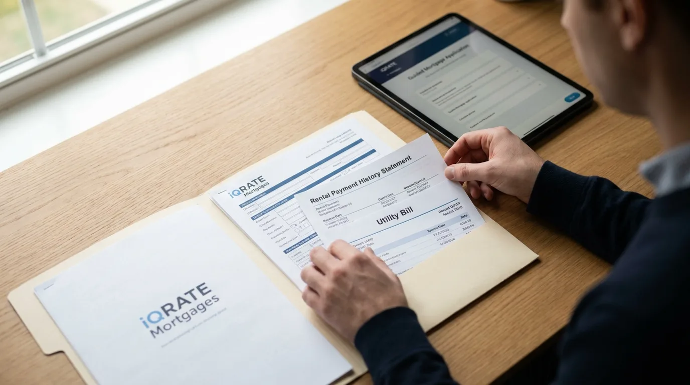A person organizing financial documents for a mortgage application.