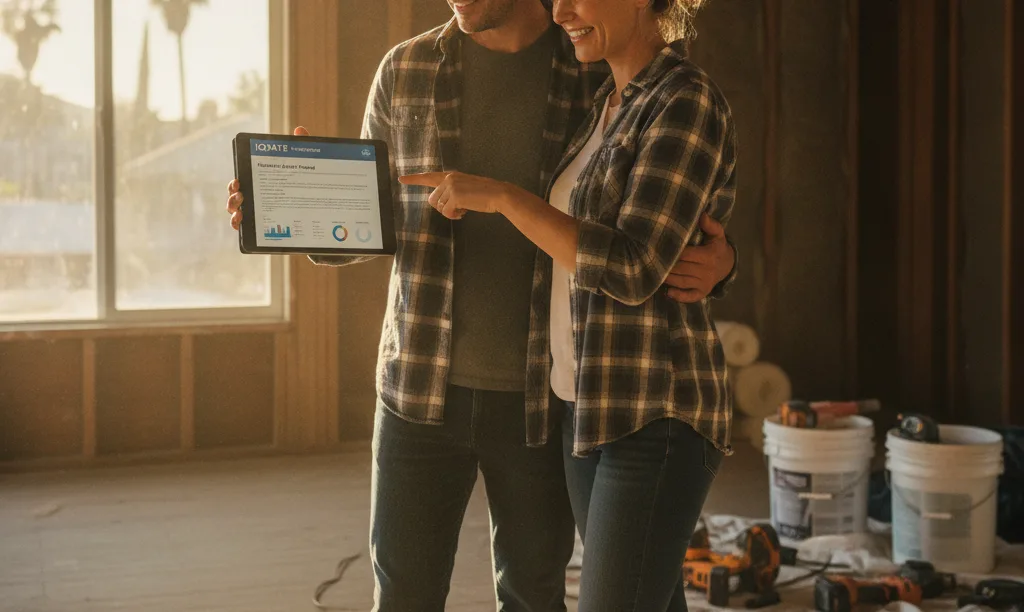 Couple reviewing iQRATE Mortgages loan on tablet.