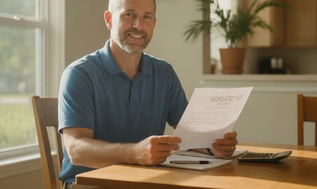 Veteran reviewing iQRATE Mortgages document in Florida home.