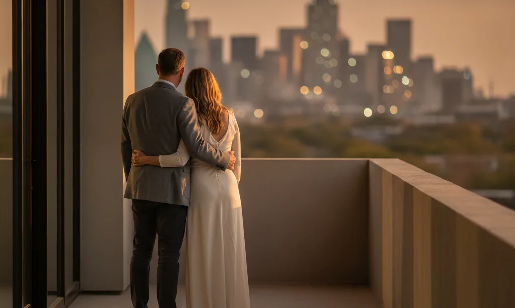 A couple admiring the Dallas skyline from their luxury home.