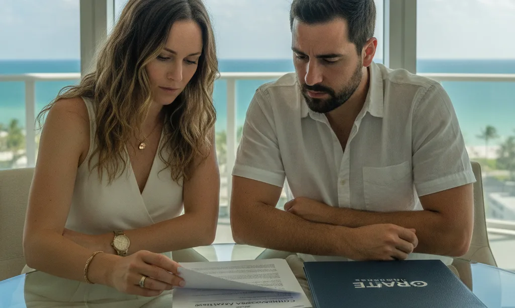 Couple reviewing condo HOA documents in Miami apartment.