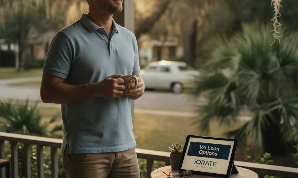 Veteran homeowner on Florida porch considering mortgage options.