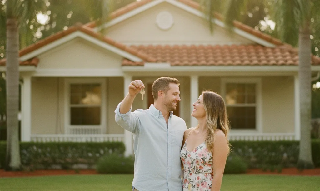 Couple celebrating their new suburban Florida home.