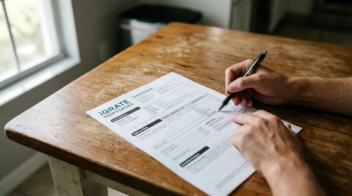 Couple happily signing mortgage documents for their new home