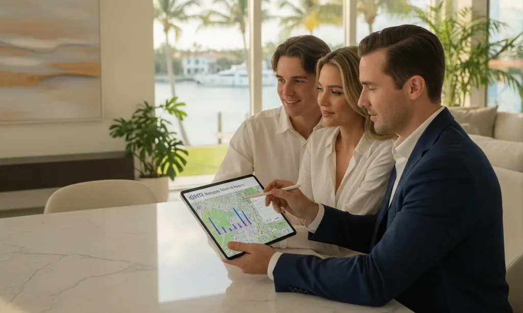 Advisor discussing Miami mortgage data with clients.