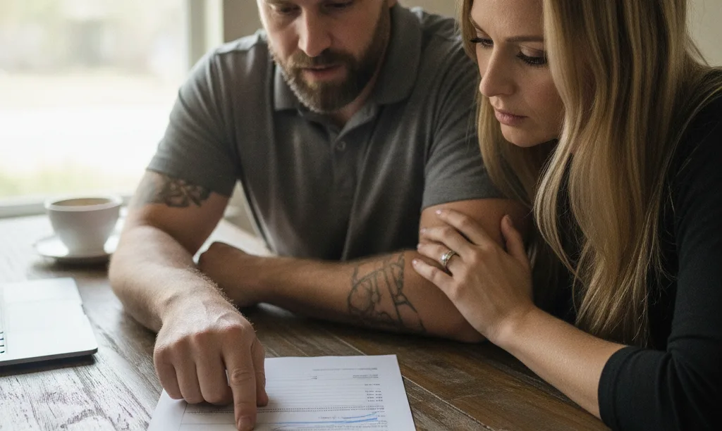 Couple seriously reviewing iQRATE Mortgages refinance documents.