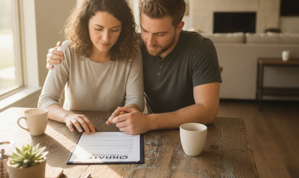 Thoughtful couple reviewing iQRATE Mortgages document at home.