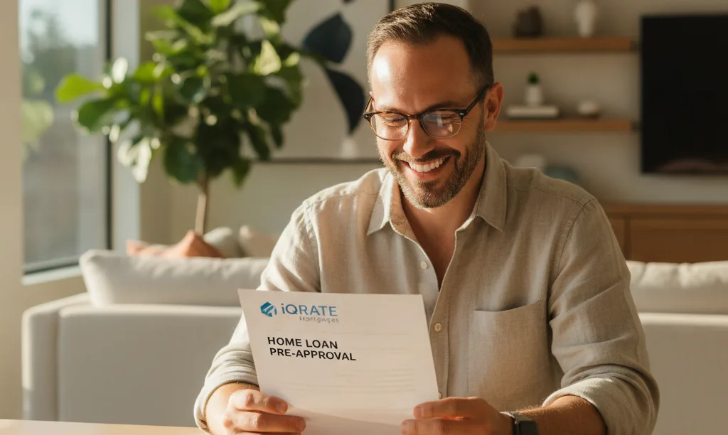 Self-employed person smiling at iQRATE Mortgages letter.