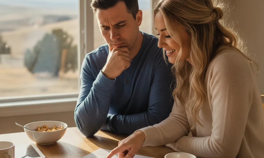 Couple discussing iQRATE Mortgages loan approval at home.