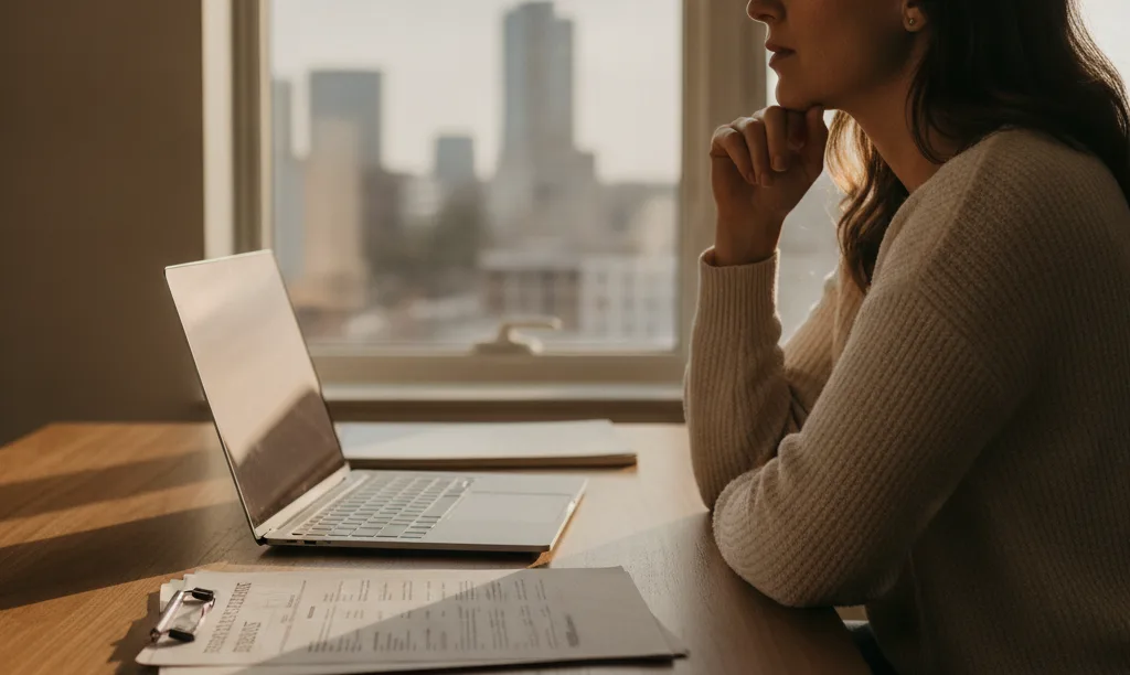 Gig worker organizing mortgage documents in Austin.