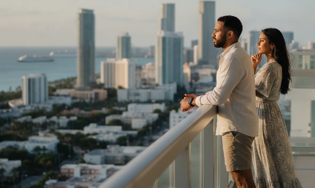 Couple on Miami condo balcony planning future.
