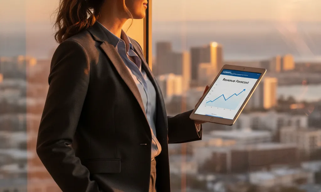 Mortgage team lead reviews reliable revenue forecast data.