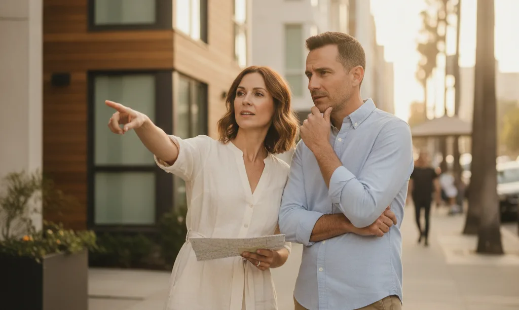 Couple discussing investment in a California multi-family property.