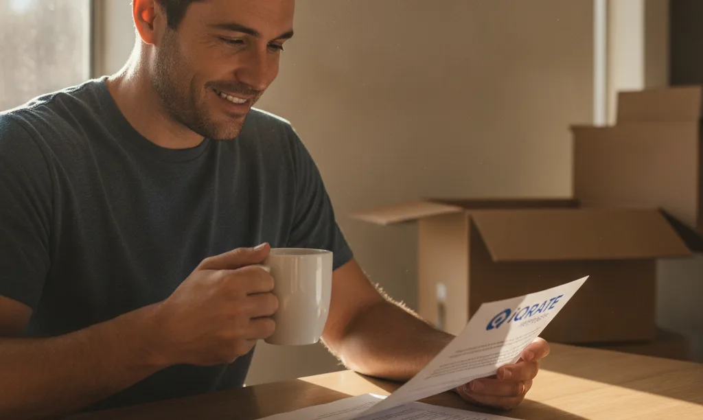 Veteran reviewing iQRATE Mortgages document in new home.