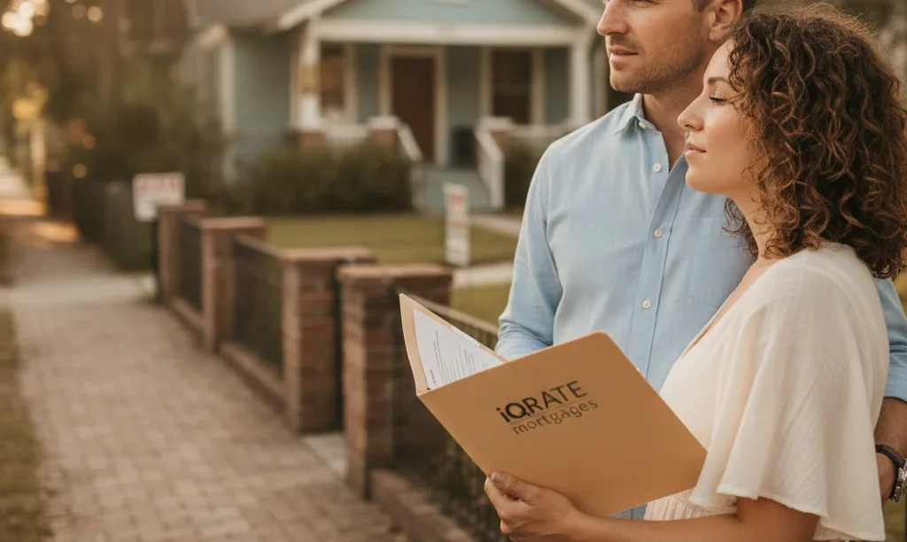 Couple hopefully reviewing iQRATE Mortgages paperwork outside home.